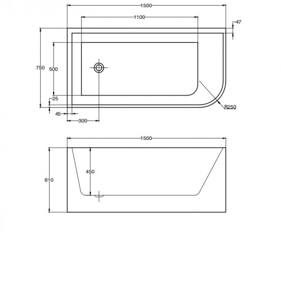 1500x750x610mm Corner Bathtub Left Corner Back to Wall Acrylic White Bath Tub